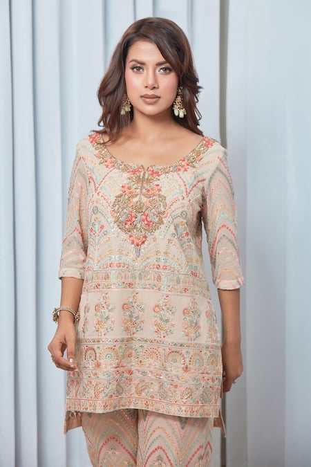 Shop Saaj By Ankita Beige Georgette Embroidery Round Neck Floral Tunic And Pant Set Online at Aza Fashions Shop_Saaj By Ankita_Beige Georgette Embroidery Round Neck Floral Tunic And Pant Set_Online_at_Aza_Fashions