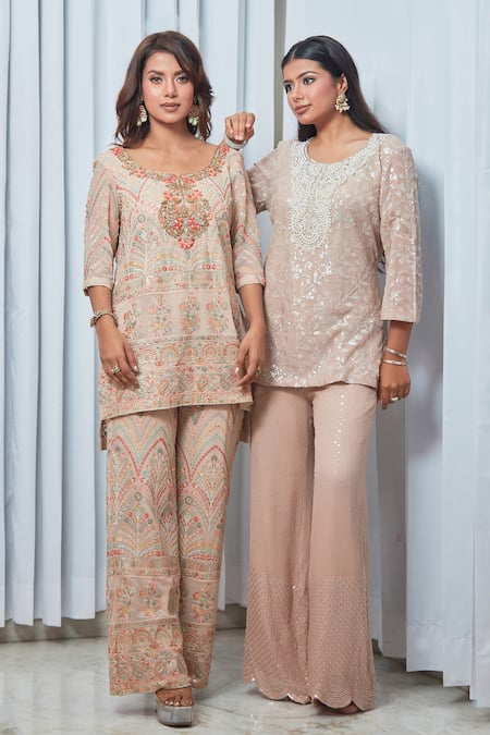 Buy Saaj By Ankita Beige Georgette Embroidery Round Neck Floral Tunic And Pant Set Buy_Saaj By Ankita_Beige Georgette Embroidery Round Neck Floral Tunic And Pant Set
