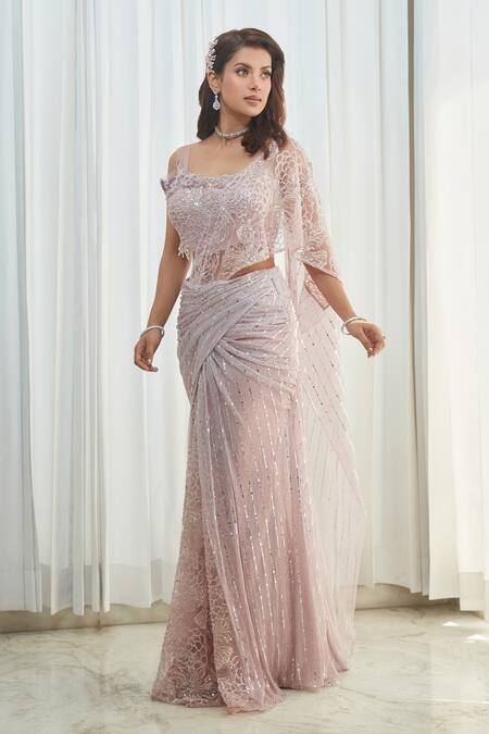 Saaj By Ankita_Beige Jersey Beads, Sequins Scoop Neck And Embroidered Pre-draped Saree_Online_at_Aza_Fashions