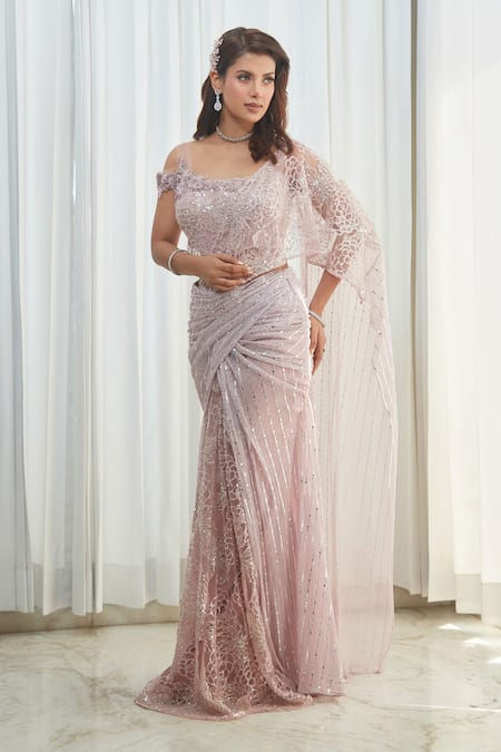 Buy_Saaj By Ankita_Beige Jersey Beads, Sequins Scoop Neck And Embroidered Pre-draped Saree_Online_at_Aza_Fashions