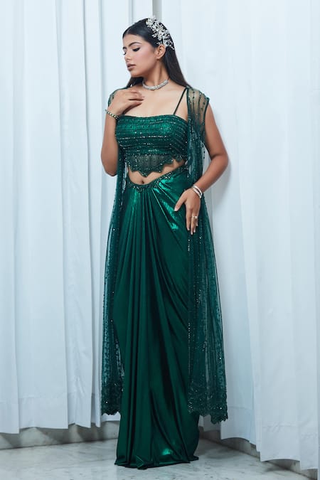 Saaj By Ankita Green Jersey Cut Work, Sequins Square Neck Embroidered Cape Draped Skirt Set Online at Aza Fashions Saaj By Ankita_Green Jersey Cut Work, Sequins Square Neck Embroidered Cape Draped Skirt Set _Online_at_Aza_Fashions