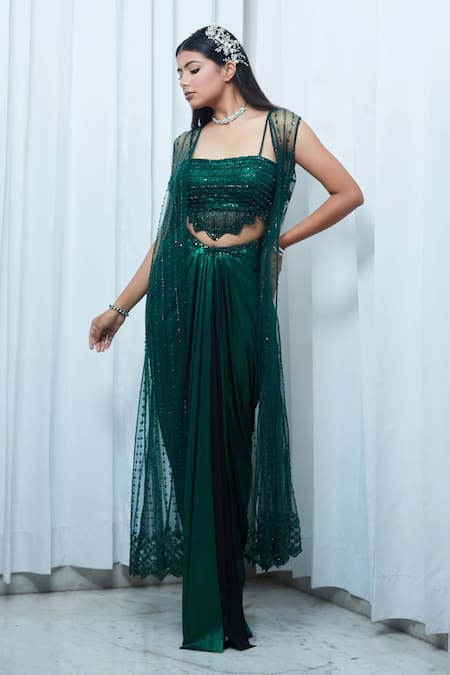 Buy Saaj By Ankita Green Jersey Cut Work, Sequins Square Neck Embroidered Cape Draped Skirt Set Online at Aza Fashions Buy_Saaj By Ankita_Green Jersey Cut Work, Sequins Square Neck Embroidered Cape Draped Skirt Set _Online_at_Aza_Fashions