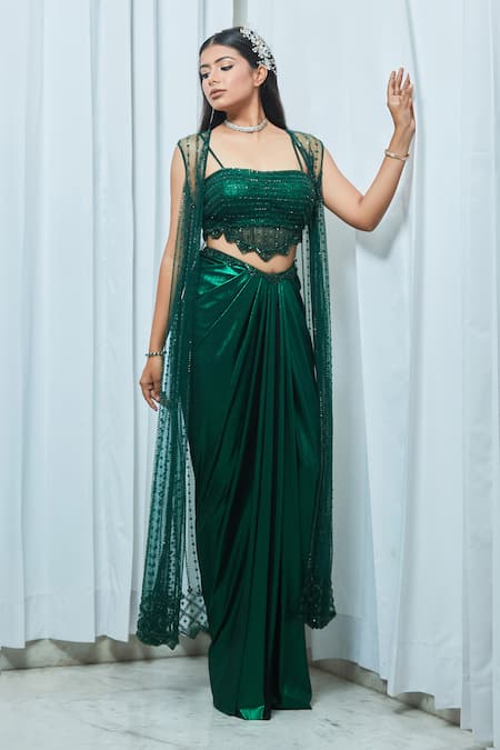 Shop Saaj By Ankita Green Jersey Cut Work, Sequins Square Neck Embroidered Cape Draped Skirt Set Online at Aza Fashions Shop_Saaj By Ankita_Green Jersey Cut Work, Sequins Square Neck Embroidered Cape Draped Skirt Set _Online_at_Aza_Fashions