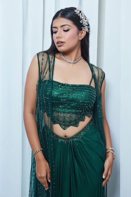 Saaj By Ankita Green Jersey Cut Work, Sequins Square Neck Embroidered Cape Draped Skirt Set at Aza Fashions Saaj By Ankita_Green Jersey Cut Work, Sequins Square Neck Embroidered Cape Draped Skirt Set _at_Aza_Fashions
