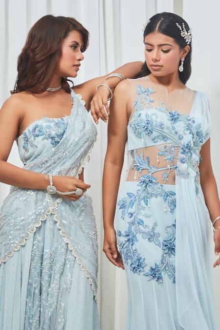 Saaj By Ankita_Blue Georgette Crystals, Pearls, Sequins Sweetheart Neck Embellished Saree Gown _Online_at_Aza_Fashions