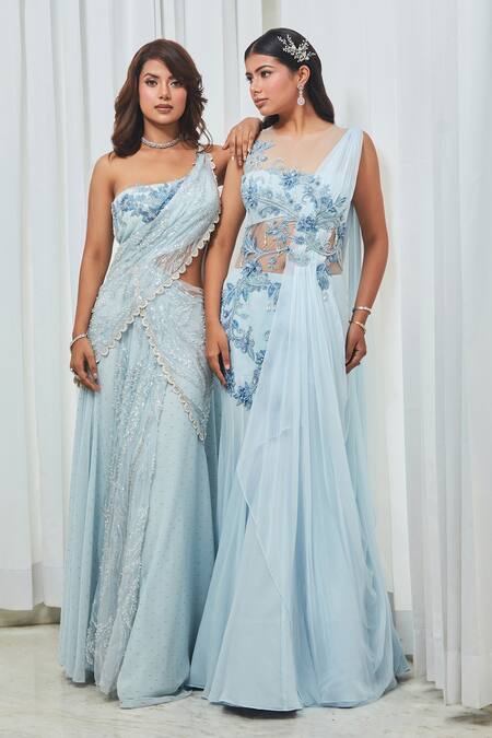 Buy_Saaj By Ankita_Blue Georgette Crystals, Pearls, Sequins Sweetheart Neck Embellished Saree Gown _Online_at_Aza_Fashions