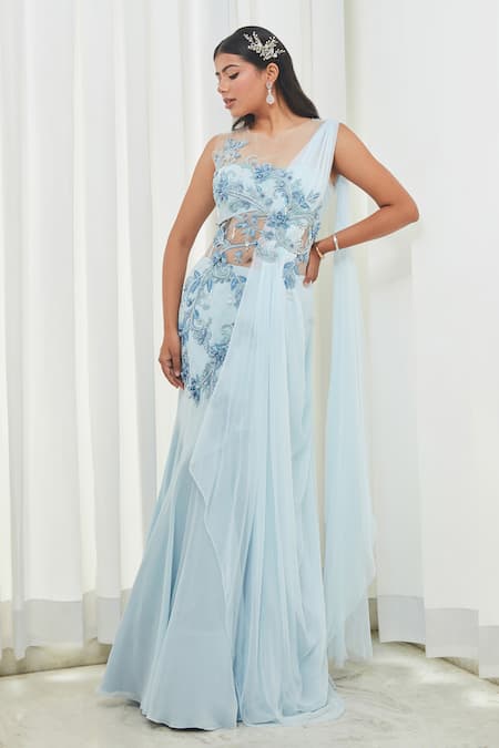 Shop_Saaj By Ankita_Blue Georgette Crystals, Pearls, Sequins Sweetheart Neck Embellished Saree Gown _Online_at_Aza_Fashions