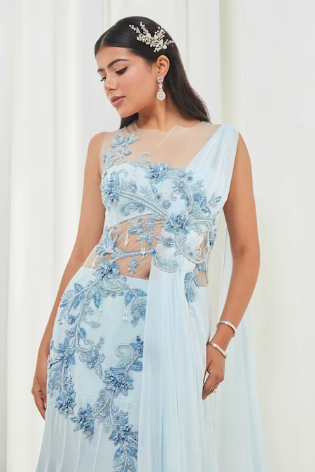 Buy_Saaj By Ankita_Blue Georgette Crystals, Pearls, Sequins Sweetheart Neck Embellished Saree Gown 