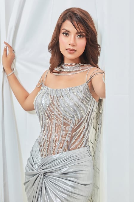 Buy Saaj By Ankita Gray Jersey Cut Work, Sequins, Crystal Metallic Draped Gown With Scarf Buy_Saaj By Ankita_Gray Jersey Cut Work, Sequins, Crystal Metallic Draped Gown With Scarf