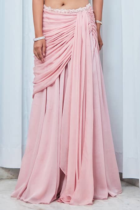 Saaj By Ankita Pink Georgette Metallic Thread Bead Embroidered Crop Top And Draped Skirt Online at Aza Fashions Saaj By Ankita_Pink Georgette Metallic Thread Bead Embroidered Crop Top And Draped Skirt _Online_at_Aza_Fashions