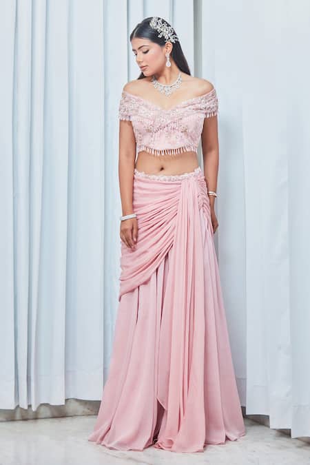 Buy Saaj By Ankita Pink Georgette Metallic Thread Bead Embroidered Crop Top And Draped Skirt Online at Aza Fashions Buy_Saaj By Ankita_Pink Georgette Metallic Thread Bead Embroidered Crop Top And Draped Skirt _Online_at_Aza_Fashions
