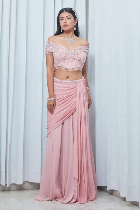 Shop Saaj By Ankita Pink Georgette Metallic Thread Bead Embroidered Crop Top And Draped Skirt Online at Aza Fashions Shop_Saaj By Ankita_Pink Georgette Metallic Thread Bead Embroidered Crop Top And Draped Skirt _Online_at_Aza_Fashions