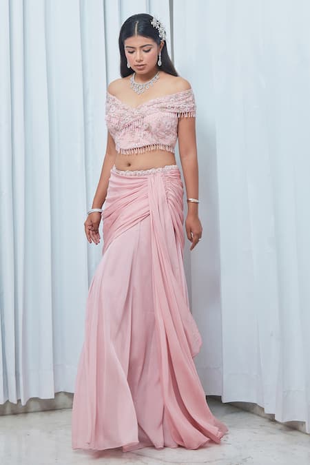 Saaj By Ankita Pink Georgette Metallic Thread Bead Embroidered Crop Top And Draped Skirt at Aza Fashions Saaj By Ankita_Pink Georgette Metallic Thread Bead Embroidered Crop Top And Draped Skirt _at_Aza_Fashions