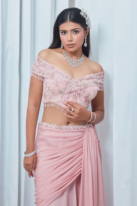Buy Saaj By Ankita Pink Georgette Metallic Thread Bead Embroidered Crop Top And Draped Skirt Buy_Saaj By Ankita_Pink Georgette Metallic Thread Bead Embroidered Crop Top And Draped Skirt