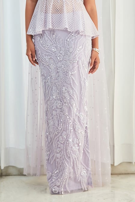 Saaj By Ankita Purple Tulle Beads, Sequins Off-shoulder And Embroidered Lehenga Set Online at Aza Fashions Saaj By Ankita_Purple Tulle Beads, Sequins Off-shoulder And Embroidered Lehenga Set _Online_at_Aza_Fashions