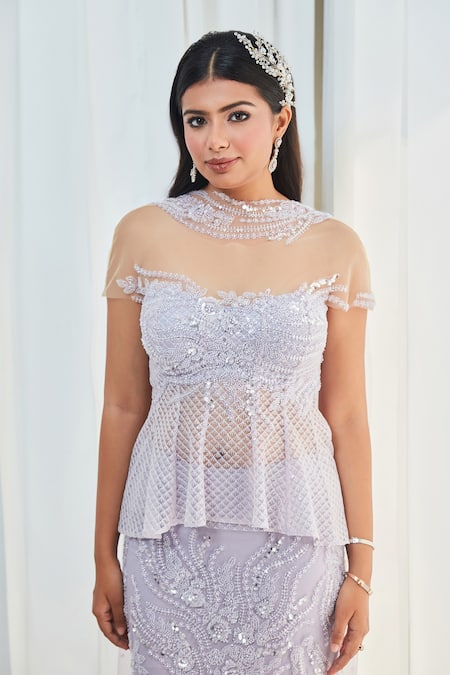 Saaj By Ankita Purple Tulle Beads, Sequins Off-shoulder And Embroidered Lehenga Set at Aza Fashions Saaj By Ankita_Purple Tulle Beads, Sequins Off-shoulder And Embroidered Lehenga Set _at_Aza_Fashions