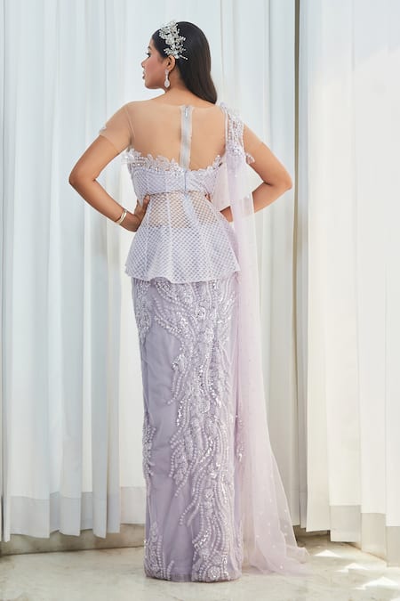 Shop Saaj By Ankita Purple Tulle Beads, Sequins Off-shoulder And Embroidered Lehenga Set at Aza Fashions Shop_Saaj By Ankita_Purple Tulle Beads, Sequins Off-shoulder And Embroidered Lehenga Set _at_Aza_Fashions