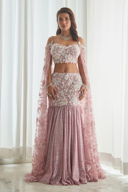 Buy Saaj By Ankita Purple Crepe Crystals, Cut Work, Beads, Embroidery Blouse And Lehenga Set Buy_Saaj By Ankita_Purple Crepe Crystals, Cut Work, Beads, Embroidery Blouse And Lehenga Set