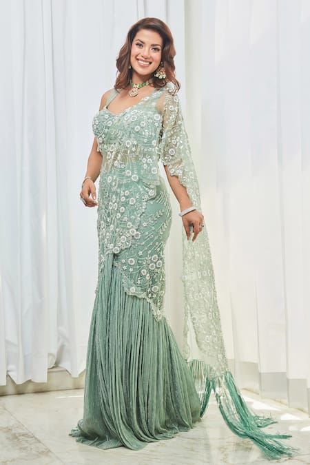 Saaj By Ankita Blue Tulle Cut Work, Beads Sweetheart Cutdana Embroidered Pre-draped Saree Set Online at Aza Fashions Saaj By Ankita_Blue Tulle Cut Work, Beads Sweetheart Cutdana Embroidered Pre-draped Saree Set _Online_at_Aza_Fashions