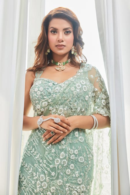 Buy Saaj By Ankita Blue Tulle Cut Work, Beads Sweetheart Cutdana Embroidered Pre-draped Saree Set Online at Aza Fashions Buy_Saaj By Ankita_Blue Tulle Cut Work, Beads Sweetheart Cutdana Embroidered Pre-draped Saree Set _Online_at_Aza_Fashions