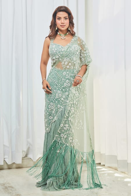 Saaj By Ankita Blue Tulle Cut Work, Beads Sweetheart Cutdana Embroidered Pre-draped Saree Set at Aza Fashions Saaj By Ankita_Blue Tulle Cut Work, Beads Sweetheart Cutdana Embroidered Pre-draped Saree Set _at_Aza_Fashions