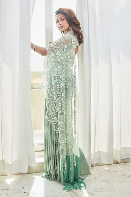 Shop Saaj By Ankita Blue Tulle Cut Work, Beads Sweetheart Cutdana Embroidered Pre-draped Saree Set at Aza Fashions Shop_Saaj By Ankita_Blue Tulle Cut Work, Beads Sweetheart Cutdana Embroidered Pre-draped Saree Set _at_Aza_Fashions