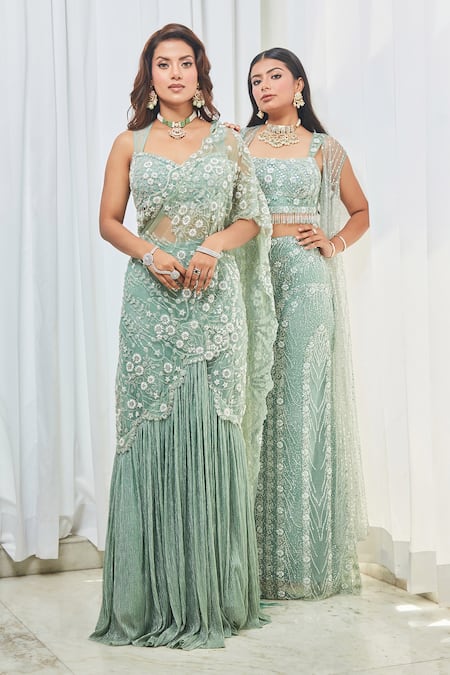 Buy Saaj By Ankita Blue Tulle Cut Work, Beads Sweetheart Cutdana Embroidered Pre-draped Saree Set Buy_Saaj By Ankita_Blue Tulle Cut Work, Beads Sweetheart Cutdana Embroidered Pre-draped Saree Set