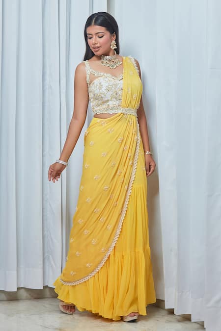 Saaj By Ankita Ivory Georgette Mirrors, Pearls, Embroidery V-neck Blouse And Sharara Set Online at Aza Fashions Saaj By Ankita_Ivory Georgette Mirrors, Pearls, Embroidery V-neck Blouse And Sharara Set _Online_at_Aza_Fashions