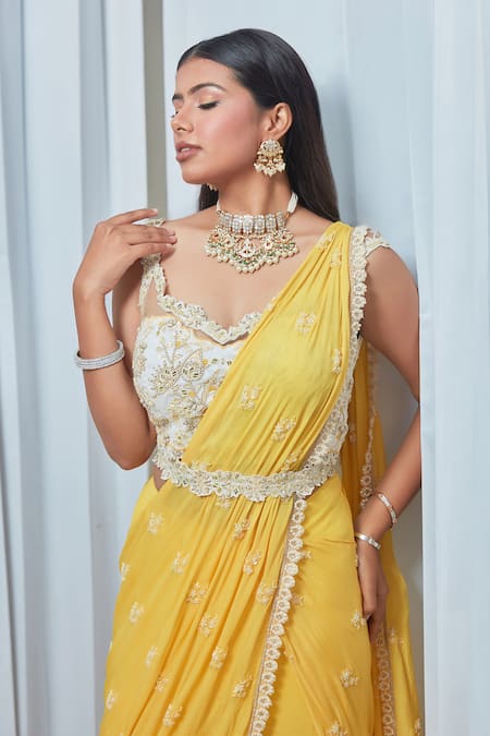 Shop Saaj By Ankita Ivory Georgette Mirrors, Pearls, Embroidery V-neck Blouse And Sharara Set Online at Aza Fashions Shop_Saaj By Ankita_Ivory Georgette Mirrors, Pearls, Embroidery V-neck Blouse And Sharara Set _Online_at_Aza_Fashions