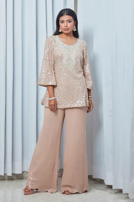 Saaj by Ankita Beige Sequin Embroidered Tunic & Pant Set 