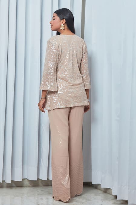 Saaj By Ankita Beige Sequin Embroidered Tunic & Pant Set 