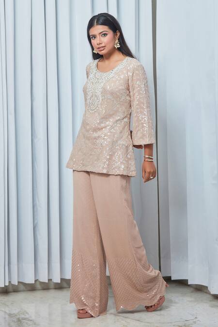 Saaj By Ankita_Beige Georgette Pearls, Sequins Round Neck Embroidered Tunic And Pant Set _Online_at_Aza_Fashions