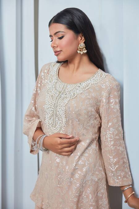 Buy_Saaj By Ankita_Beige Georgette Pearls, Sequins Round Neck Embroidered Tunic And Pant Set _Online_at_Aza_Fashions
