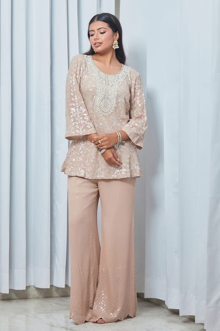 Shop_Saaj By Ankita_Beige Georgette Pearls, Sequins Round Neck Embroidered Tunic And Pant Set _Online_at_Aza_Fashions