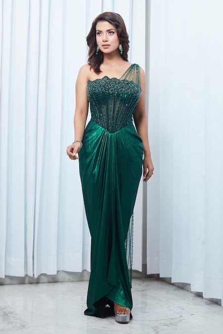 Shop_Saaj By Ankita_Green Jersey Cut Work, Sequins Asymmetric Cutdana Gown _Online_at_Aza_Fashions