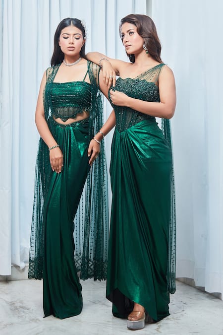 Saaj By Ankita_Green Jersey Cut Work, Sequins Asymmetric Cutdana Gown _at_Aza_Fashions