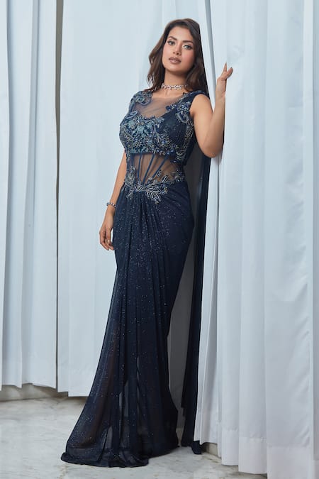 Saaj By Ankita_Blue Jersey Sequins Round Neck Floral Embroidered Corset Gown _Online_at_Aza_Fashions