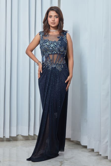 Saaj By Ankita_Blue Jersey Sequins Round Neck Floral Embroidered Corset Gown _at_Aza_Fashions