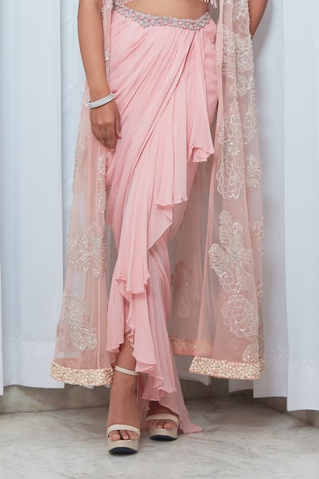 Saaj By Ankita_Pink Georgette Beads, Zari Halter Neck Embroidered Cape Set _Online_at_Aza_Fashions
