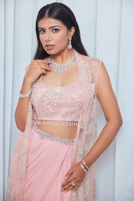 Saaj By Ankita_Pink Georgette Beads, Zari Halter Neck Embroidered Cape Set _at_Aza_Fashions