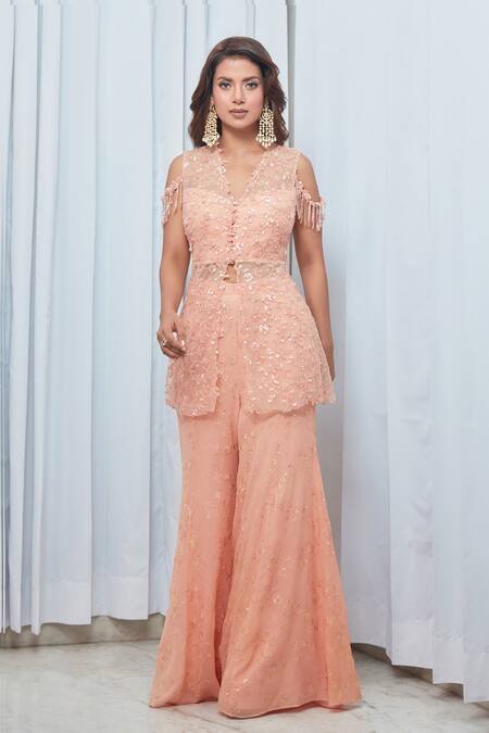 Saaj By Ankita Peach Georgette Crystals, Cut Work V-neck Embroidered Tunic And Sharara Set Online at Aza Fashions Saaj By Ankita_Peach Georgette Crystals, Cut Work V-neck Embroidered Tunic And Sharara Set_Online_at_Aza_Fashions