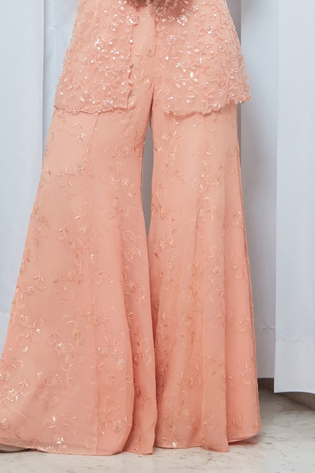 Saaj By Ankita Peach Georgette Crystals, Cut Work V-neck Embroidered Tunic And Sharara Set at Aza Fashions Saaj By Ankita_Peach Georgette Crystals, Cut Work V-neck Embroidered Tunic And Sharara Set_at_Aza_Fashions