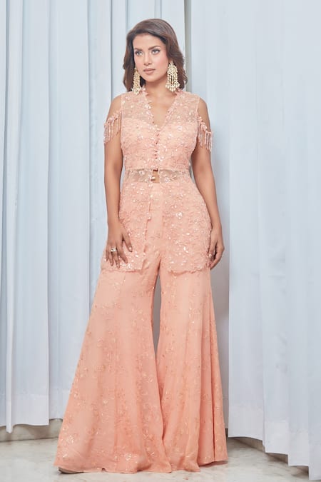 Buy Saaj By Ankita Peach Georgette Crystals, Cut Work V-neck Embroidered Tunic And Sharara Set Buy_Saaj By Ankita_Peach Georgette Crystals, Cut Work V-neck Embroidered Tunic And Sharara Set