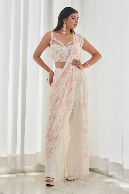 Saaj By Ankita_Peach Georgette Pearls, Mirrors V-neck Embroidered Pre-draped Sharara Saree Set _Online_at_Aza_Fashions