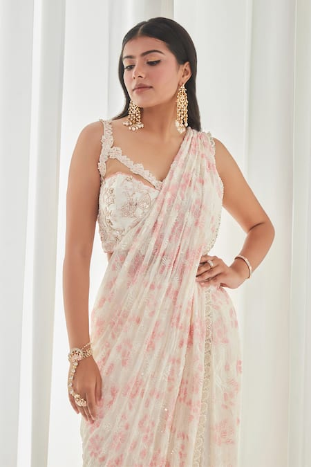 Buy_Saaj By Ankita_Peach Georgette Pearls, Mirrors V-neck Embroidered Pre-draped Sharara Saree Set _Online_at_Aza_Fashions