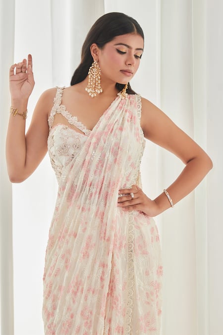 Saaj By Ankita_Peach Georgette Pearls, Mirrors V-neck Embroidered Pre-draped Sharara Saree Set _at_Aza_Fashions