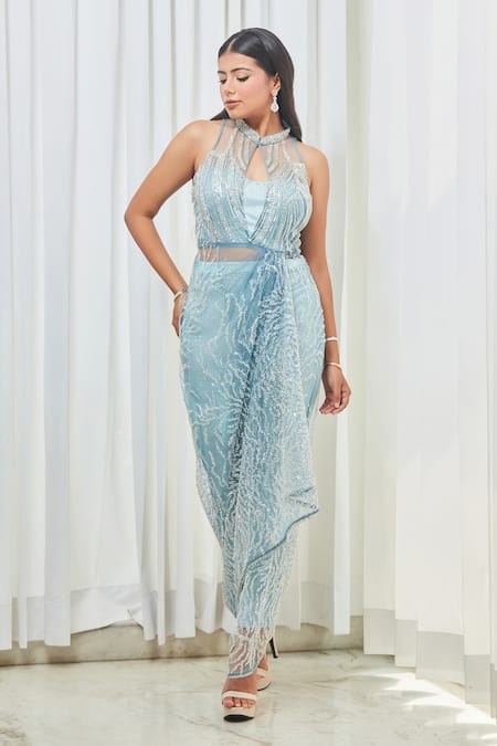 Buy_Saaj By Ankita_Blue Tulle, Silk Cut Work, Beads Bandeau Neck Embroidered Draped Top And Pant Set_Online_at_Aza_Fashions
