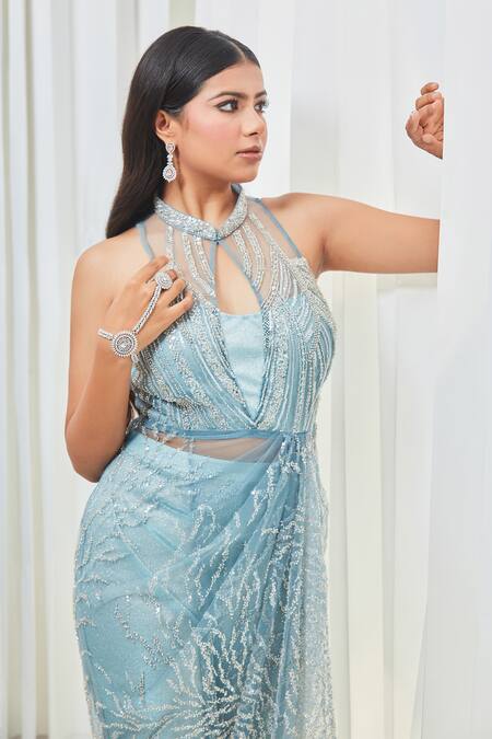 Saaj By Ankita_Blue Tulle, Silk Cut Work, Beads Bandeau Neck Embroidered Draped Top And Pant Set_at_Aza_Fashions