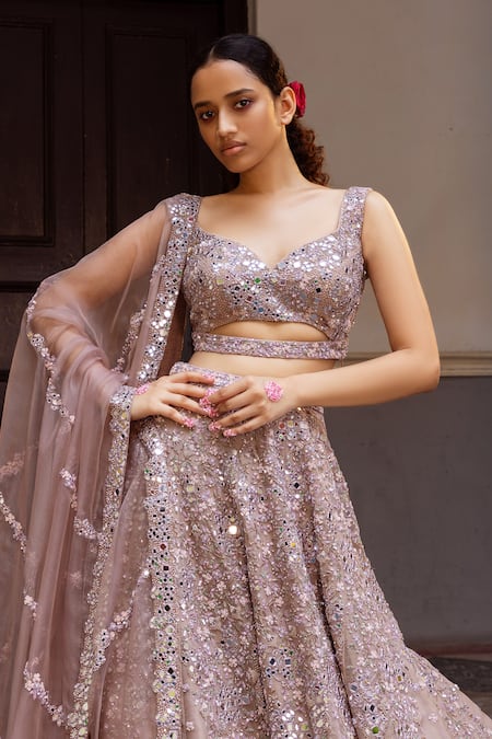 Shop Ruceru Purple Organza, Taffeta Beads, Mirrors, Sequins, Embroidery Cluster Lehenga Set at Aza Fashions Shop_Ruceru_Purple Organza, Taffeta Beads, Mirrors, Sequins, Embroidery Cluster Lehenga Set _at_Aza_Fashions