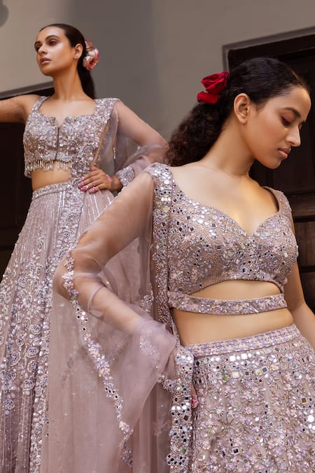 Shop Ruceru Purple Organza, Taffeta Beads, Mirrors, Sequins, Embroidery Cluster Lehenga Set Online at Aza Fashions Shop_Ruceru_Purple Organza, Taffeta Beads, Mirrors, Sequins, Embroidery Cluster Lehenga Set _Online_at_Aza_Fashions